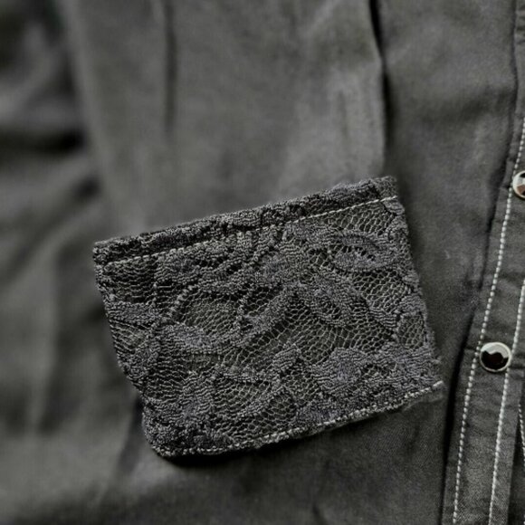 NEW Women's Buckle Black Long Sleeve Blouse Y2K Gem Stone Snaps Crystals Western - Picture 7 of 13